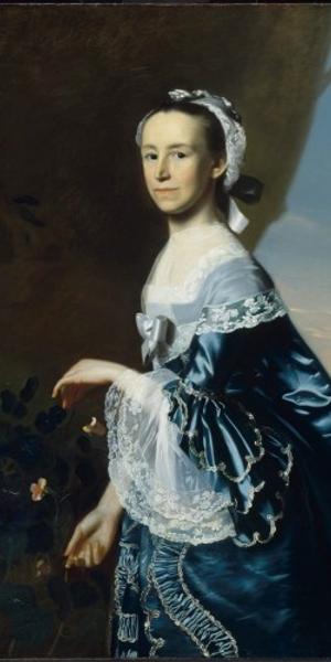 Mrs.  James Warren (Mercy Otis), Around 1763, by John Singleton Copley, American, born 1738, died 1815).  Oil on canvas.  On loan from the Museum of Fine Arts, Boston; Bequest of Winslow Warren.