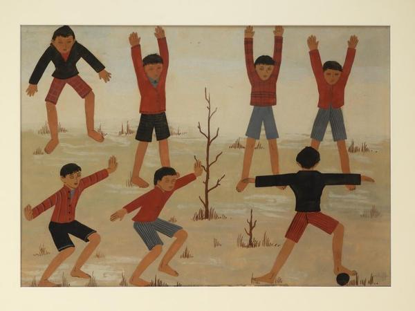 Mixed media modern painting by American artist Margo Hoff (1910-2008), titled Football – Yugoslavia, a fine example from the artist’s long and storied career (est.  $4,000-$6,000).