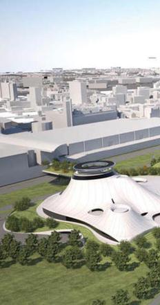 A draft rendering of the Lucas Museum on the McCormick Place East site on Chicago's lakefront