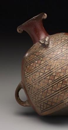 Urpu with geometric designs, Perú, Inca (Inka) culture, A.D.  1400–1530, ceramic and slip paints, Dallas Museum of Art, the Nora and John Wise Collection, gift of Mr.  and Mrs.  Jake L.  Hamon, the Eugene McDermott Family, Mr.  and Mrs.  Algur H.  Meadows and the Meadows Foundation, Incorporated, and Mr.  and Mrs.  John D.  Murchison, 1989.W.234; Tunic with black-and-white checkerboard and stepped yoke, Perú, Inca (Inka) culture, A.D.  1400–1540, camelid fiber, Dallas Museum of Art, The Eugene a