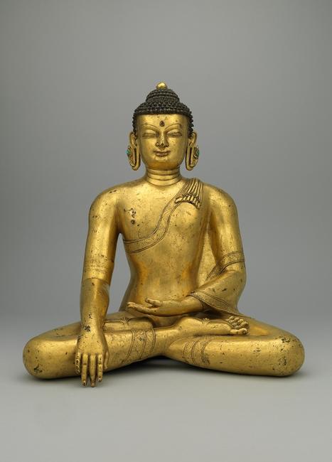 Buddha Shakyamuni, 14th century.  Northwestern Nepal (Khasa Malla Kingdom).  Gilt copper alloy with turquoise inlay.