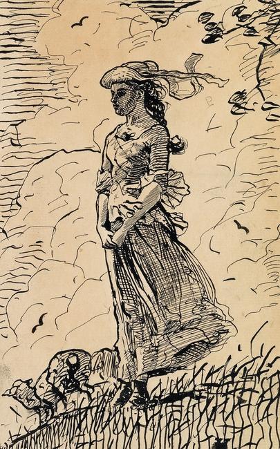 This recently discovered pen and ink drawing by Winslow Homer.  Fresh Air, 1879, is a study from his seminal, same-titled watercolor now at the Brooklyn Museum of Art