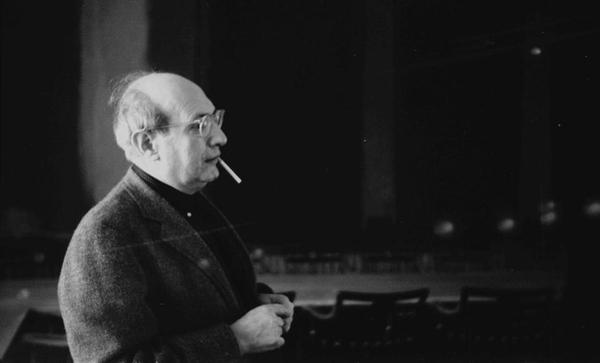 Mark Rothko in front of Panel Two and Panel Three of the Harvard Murals, Holyoke Center, January 1963.  