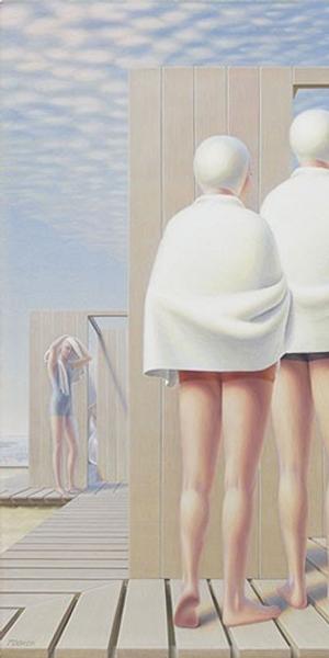 George Tooker, Bathers (Bath Houses), 1950, egg tempera on gessoed board, 20 3/8 x 15 3/8 in.  