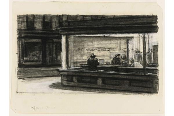 Edward Hopper, Study for Nighthawks, 1941 or 42.  Fabricated chalk and charcoal on paper.  11 1/8 x 15 in.  Whitney Museum of American Art, NY.  Purchase and gift of Josephine N.  Hopper by exchange.