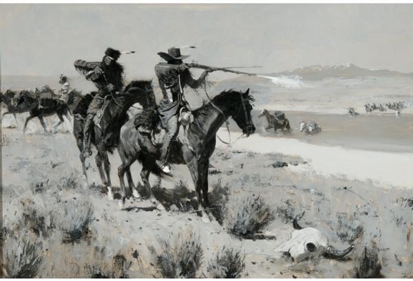 Top lot for the day was Frederic Remington’s black and white oil, Pack Horse Men Repelling an Attack by Indians, 27 inches by 40 inches, (estimated at $500,000 to $700,000) that sold for $1,035,000.