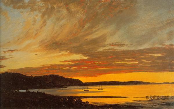 Frederic E.  Church, Sunset, Bar Harbor, detail, c.  September 1854, oil on paper mounted on canvas, 10 1/8 x 17 ¼ in., OL.1981.72.  Collection of Olana State Historic Site.