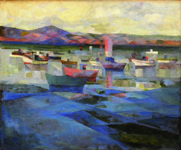 Water, Sand and Patterns by California artist, August Gay (1890-1949) is estimated at $50,000-70,000.  This large oil on board (20 x 24 inches) depicts the fishing boats in Monterey Bay and exemplifies Gay’s colorful palette and use of geometric, Cubist inspired forms