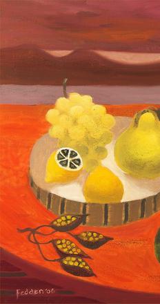 MARY FEDDEN (1915 - 2012) Still Life with Pear, Melon and Grape, 2006 Oil on canvas Size: 50.00 cms x 50.00 cms (19.69 ins x 19.69 inches) Signed lower left 