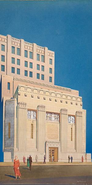 Roger Hayward (1899-1979), Los Angeles Stock Exchange, faÃ§ade, ca.  1929, Samuel E.  Lunden, architect, John & Donald Parkinson, consulting architects, Gouache on board, 39 x 25 1/2 inches.  Â© Courtesy of Dr.  James and Mrs.  Miriam Kramer, 2018.  The Huntington Library, Art Collections, and Botanical Gardens.