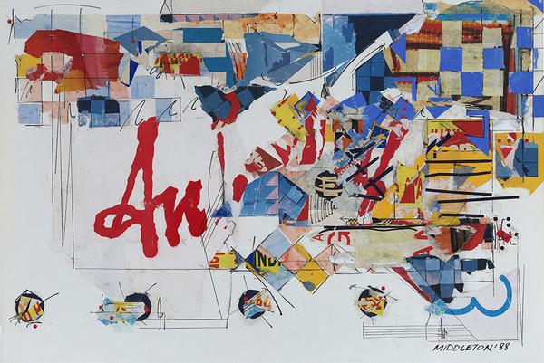 Sam Middleton Adagio, 1988.  Mixed media collage, 20 1/2 x 30 1/4 inches, signed and dated lower right.