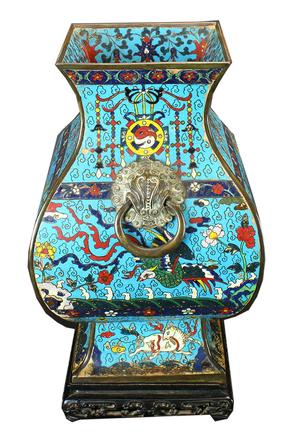 This stunning and rare 16th century Chinese cloisionne enamel Hu vase from the Ming Dynasty, 15 inches tall, will be sold Feb.  13-15.