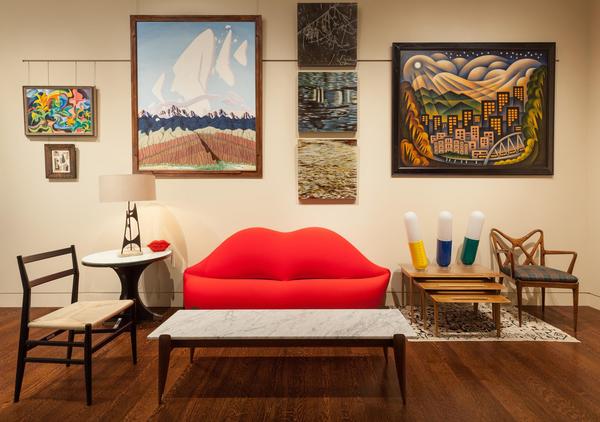 Kirkland Museum Italian Modern Vignette featuring the Bocca Sof a (1970) designed by Studio65; Coffee Table (1950s), Lounge Table (c.  1964) and Superleggera Chair (1957) designed by Gio Ponti; Nesting Tables (1951) and Armchair from Casa Cesare Larini, Como ( 1950 ) designed by Ico & Luisa Parisi and Referential Abstract ion paintings by Colorado artists William Sanderson, James Mills, Tracy Felix, Trine Bumiller and Sushe Felix.