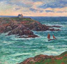 HENRY MORET (French, 1856-1913) Marine Douëlan, Bretagne (Voiliers au large de Douëlan) Oil on canvas 23 5/8 x 31 7/8 inches (60 x 81 cm) Signed and dated lower right: Henry Moret, 1902 Framed: 34 x 42 inches