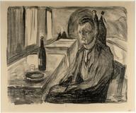 Edvard Munch (Norwegian 1863-1944) Self-portrait with a Bottle of Wine, 1930 Lithograph 16 ½ x 20 ¼ inches, Broda collection