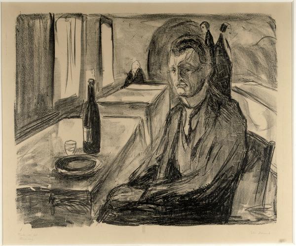 Edvard Munch (Norwegian 1863-1944) Self-portrait with a Bottle of Wine, 1930 Lithograph 16 ½ x 20 ¼ inches, Broda collection