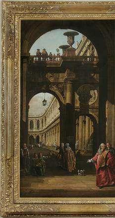 Bernardo Bellotto (Venice 1722-1780 Warsaw) Architectural Capriccio with a Self-portrait in the Costume of a Venetian Nobleman, c.  1762-65 Oil on canvas, 61 1/2 x 44 1/4 inches 