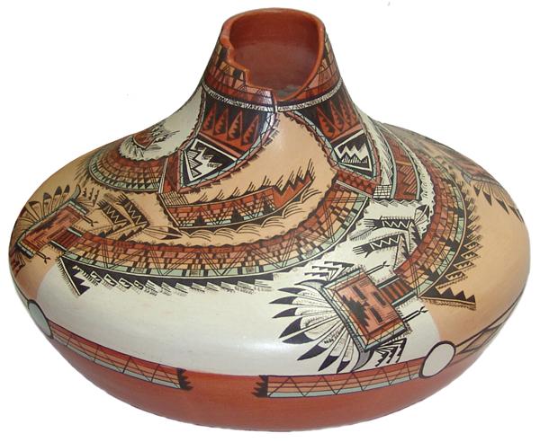 This wide pottery jar, by Lucy Leuppe McKelvey, titled Whirling Rainbow Goddess of Mountain Way Chant, will be sold Nov.  8-9 in Mesa, Ariz.