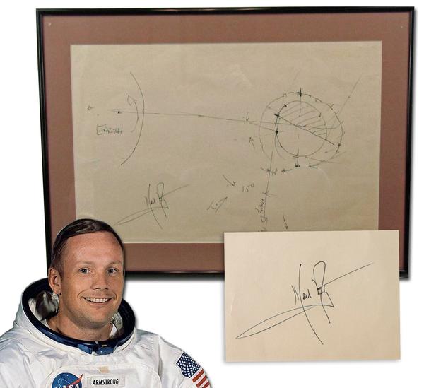 Circa 1990 historic sketch hand-drawn and signed by astronaut Neil Armstrong, depicting important elements of the Apollo XI moon landing, 21 inches by 15 inches, with Steve Zarelli COA (est.  $90,000-$110,000).