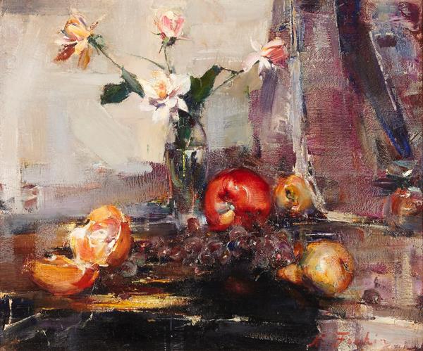 Oil on canvas painting by Nicolai Fechin (Russian, 1881-1955), titled Still life with flowers and fruit, circa 1925, 20 inches by 24 inches (est.  $70,000-$100,000).