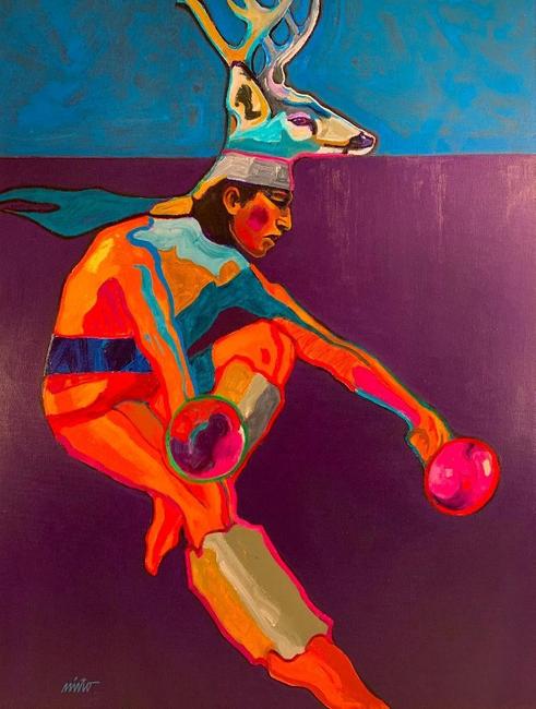 Many of John Nieto’s (Tex., N.M., 1936-2018) works feature Native Americans from the Southwest, including this 20 inch by 24 inch electric acrylic on canvas, Deer Dancer ($10,455).  