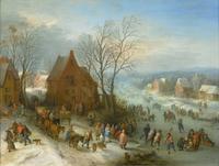 Winter joys by Theobald Michau (Tournai 1676-1765 Antwerp) Oil on copper, 47.5 x 64 cm.  Signed.  Brilliant example of his art as landscape painter in the tradition of Breughel.  