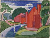 From Debra Force Fine Art is Oscar Bluemner (1867–1938) Tars, Azlo “Flach” Soho Fat Mill, 1920.  Watercolor on paper, 3.875 x 5 in.