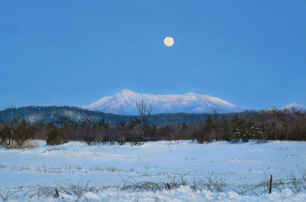 Cindy House, Moon Over Mount Mansfield, pastel on paper, 6" x 10"