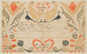 (Lot 495) – Wythe County, Virginia folk art watercolor and ink on paper fraktur birth and baptismal record (c.  1819) attributed to the Wild Turkey artist.