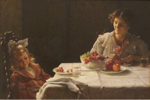 Charles Courtney Curran (American, 1861-1942) Breakfast for Three, 1909.  Oil on canvas, 20 x 30 inches.  Gift of the West Foundation in honor of Gudmund Vigtel 2010.117.  High Museum of Art.