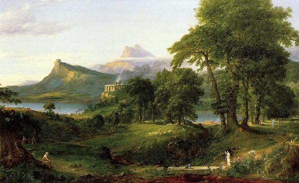 The Course of Empire: The Arcadian or Pastoral State by Thomas Cole.  Oil on canvas, 1834, 39 ½ x 63 ½ in.  