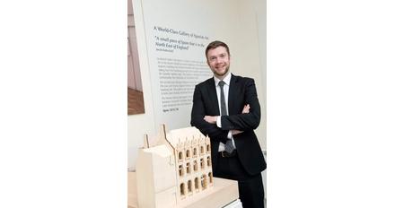 Dr Chris Ferguson, Auckland Castle's head curator, and maquette of the Spanish Institute, Future Plans Exhibition, 2015.  