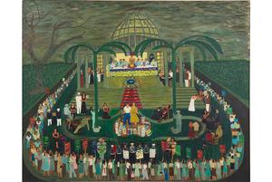 Ralph Fasanella, McCarthy Era Garden Party, 1954.  Oil on canvas, 40 x 50 in.  Andrew Edlin Gallery, New York, and the Estate of Ralph Fasanella.