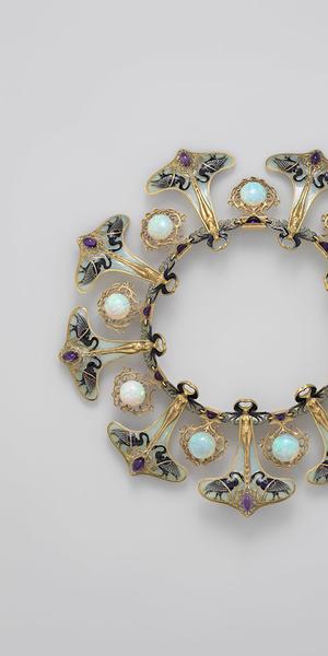 René-Jules Lalique (French, 1860–1945).  Necklace, ca.  1897–99.  Gold, enamel, opals, amethysts, overall diam.  9 1/2 in.  (24.1 cm).  The Metropolitan Museum of Art, New York, Gift of Lillian Nassau, 1985 (1985.114)