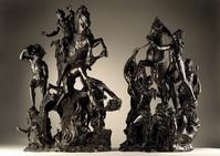 Bronzes by Francesco Bertos (Italian, 1693-1739) representing Livy's legend of the Heroism of Marcus Curtius, 81 cm high, (left) and Pliny's tale of the Fable of Dirce, 74 cm high, (right).  