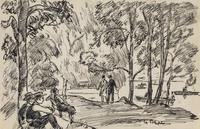 Gifford Beal (1879 - 1956) By the Lake, Central Park, circa 1930, ink and graphite on paper, 5 x 8 1/2 inches (image).  10 x 8 1/2 inches (sheet).  25.4 x 21.6 cm (sheet).