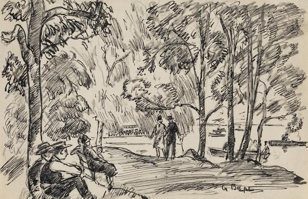 Gifford Beal (1879 - 1956) By the Lake, Central Park, circa 1930, ink and graphite on paper, 5 x 8 1/2 inches (image).  10 x 8 1/2 inches (sheet).  25.4 x 21.6 cm (sheet).