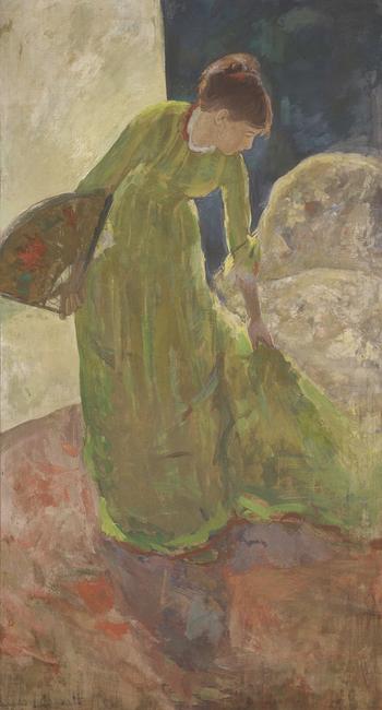 Mary Cassatt (1844–1926) Woman Standing, Holding a Fan, 1878–79.  Distemper with metallic paint on canvas.  Acquisition in honor of Ruth Carter Stevenson and the 50th Anniversary of the Amon Carter Museum of American Art with funds provided by Anne T.  and Robert M.  Bass, The Walton Family Foundation, and the Council of the Amon Carter, Museum of American Art Amon Carter Museum of American Art, Fort Worth, Texas 2011.20.