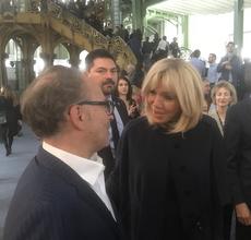 France's First Lady, Birgitte Macron, speaks with art dealer Edward Tyler Nahem at FIAC 2017.