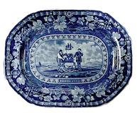 Platter, earthenware with blue printed design depicting the Arms of the State of Delaware, made by Thomas Mayer, Staffordshire, 1826-30, l.16½ in, w.  13 in.  Courtesy Winterthur Museum.  Bequest of Henry Francis du Pont.  1958.1847.  