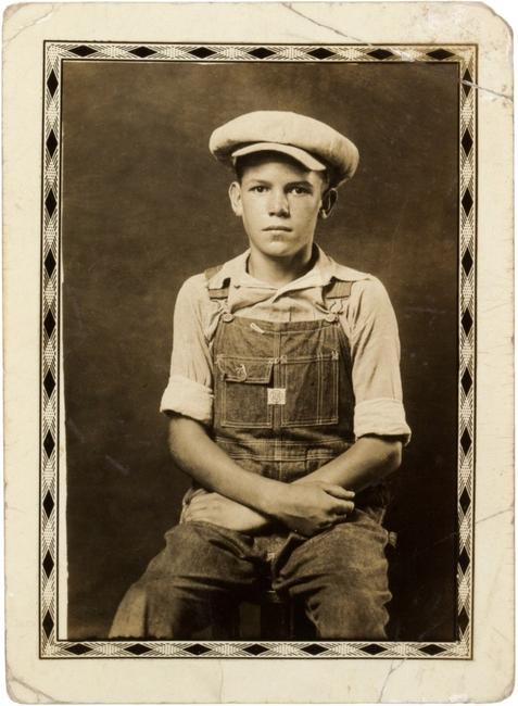 Mike Disfarmer, “Earl Lang” Stamp: “The Meyer Studio, Heber Springs, Ark., 083545” ca.  1935 Gelatin silver print, 3 3/4 x 2 3/4 inches Collection Friends of the Neuberger Museum of Art Purchase College, State University of New York Anonymous gift 