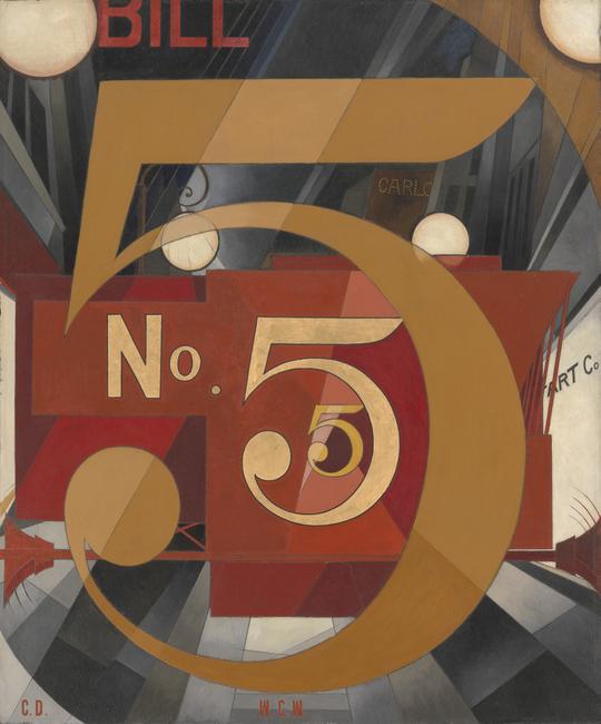 Charles Demuth (American, 1883–1935) I Saw the Figure 5 in Gold, 1928.  Oil, graphite, ink, and gold leaf on paperboard (Upson board), 35 1/2 x 30in.  (90.2 x 76.2cm).  The Metropolitan Museum of Art, Alfred Stieglitz Collection, 1949 (49.59.1)