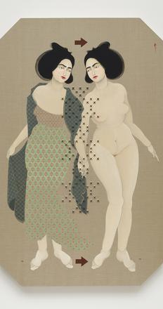 Strip Search, 2016, oil on linen and acoustic foam, 76 x 48 in., Courtesy of the artist and Jack Shainman Gallery, New York.  © Hayv Kahraman