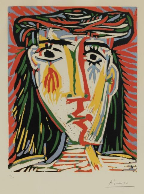 Pablo Picasso, Jacqueline au Chapeau de Paille, Color linocut, 1962.  Property from a Park Avenue Collection.  Est.  $40,000-60,000.  Lot 35.