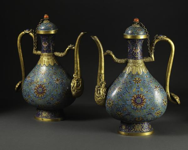 A pair of Chinese Cloisonné Ewers, Qianlong Mark, Qing Dynasty / Republic Period (Estimate: $30,000-50,000)