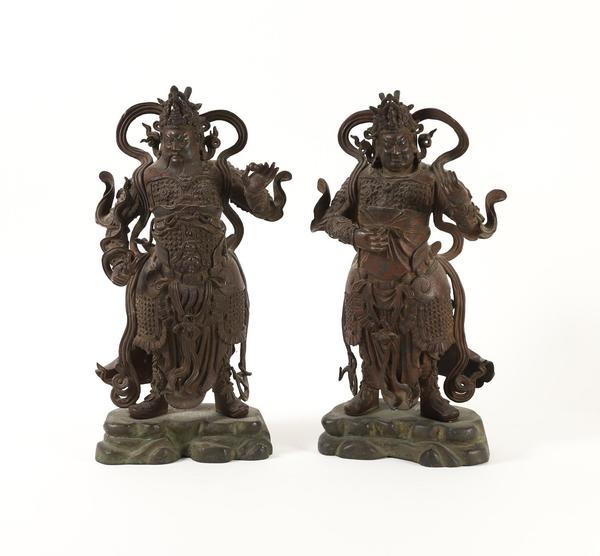 Pair of Ming Dynasty Chinese Lacquered Bronze Guardian Figures