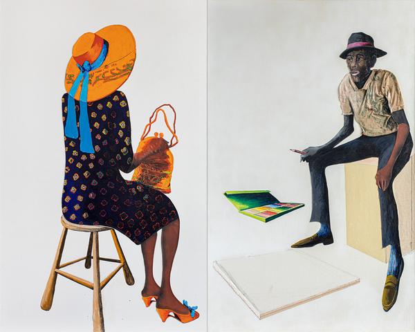 Benny Andrews (1930-2006), Portrait of the Portrait Painter (Portraits of...  Series), 1987, oil and graphite on two canvas panels with painted fabric collage, 80 x 100 x 3/4 inches / 203.2 x 254 x 1.9 cm, signed