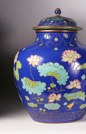 A pair of Qing dynasty Chinese Porcelain Fahua "Lotus" Jars and Covers,