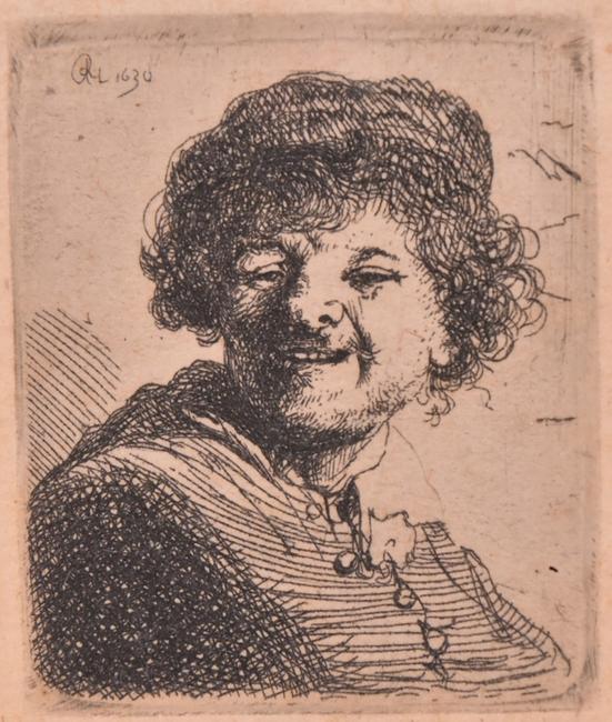 Etching, Self Portrait in a Cap, Laughing, Rembrandt Van Rijn (Dutch, 1606-1669), dated 1630 