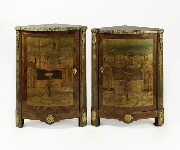 Pair of Louis XVI Tulipwood Marquetry Corner Cabinets, P.  Roussel 